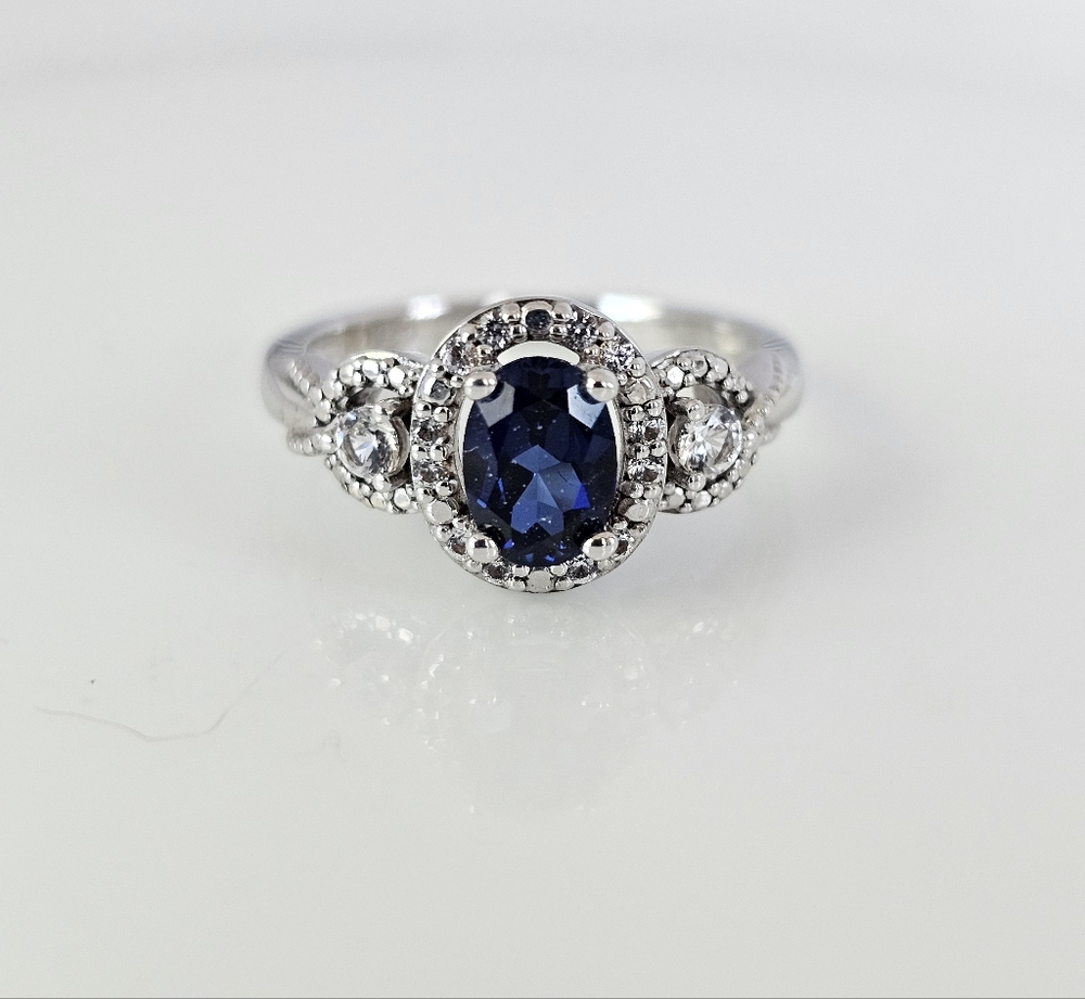 Genuine Blue Sapphire Ring Sterling Silver Rhodium Overlay! Size 7!